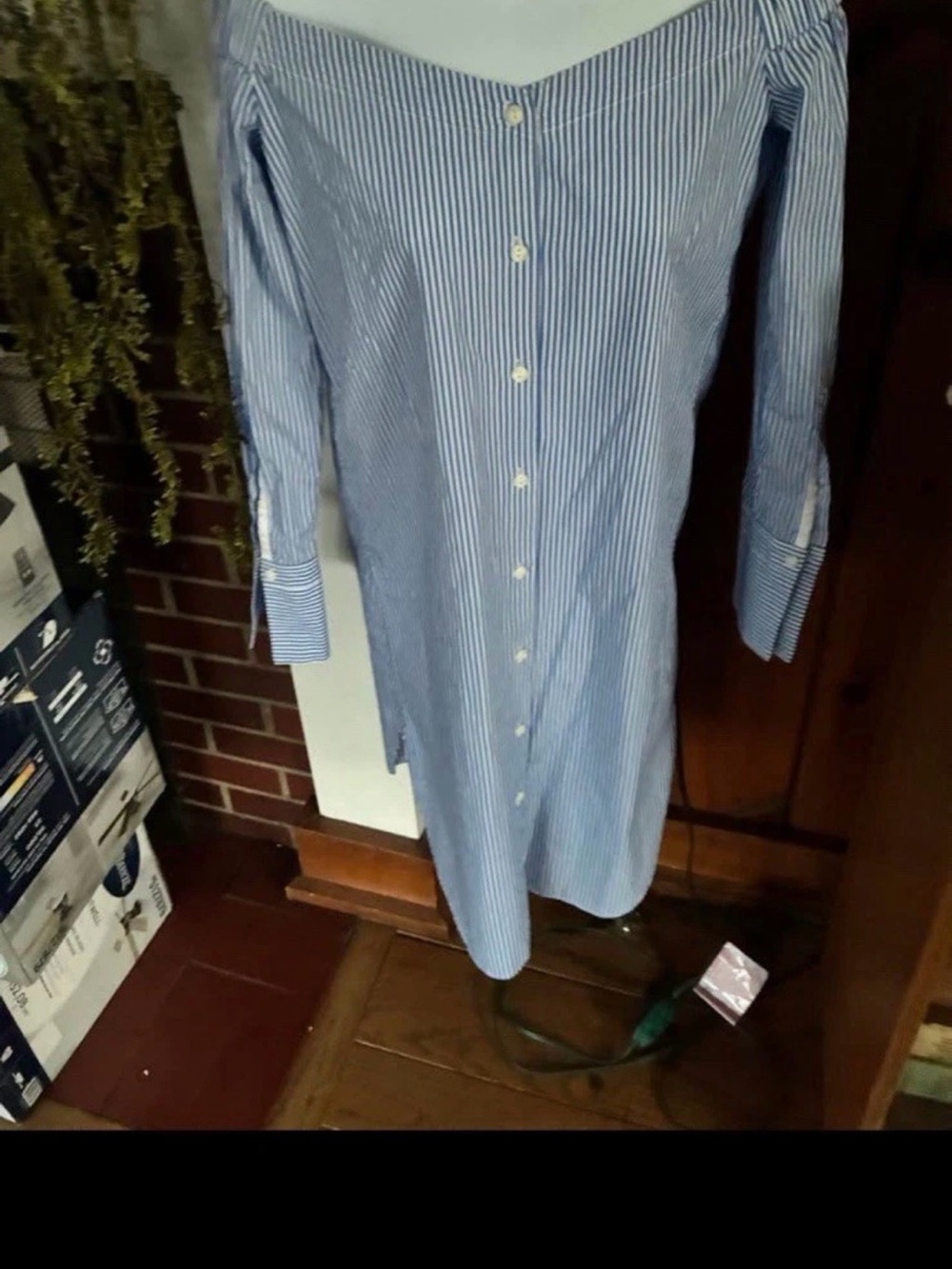 rag & bone Blue and White Stripe Off-Shoulder Button-Down Tunic